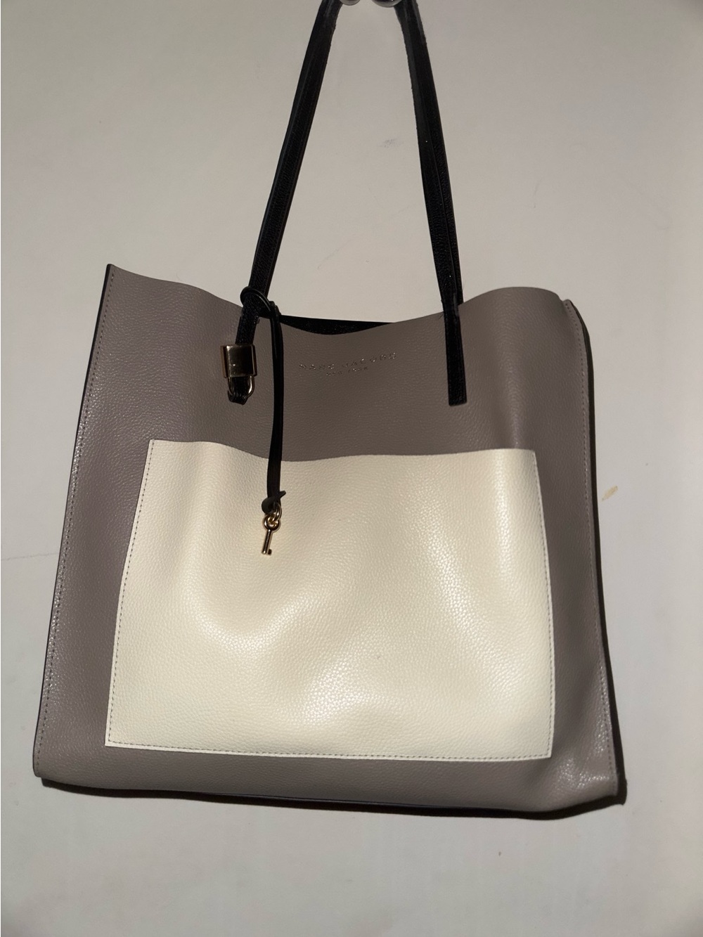 Grey and White Tote Bag with Black Straps